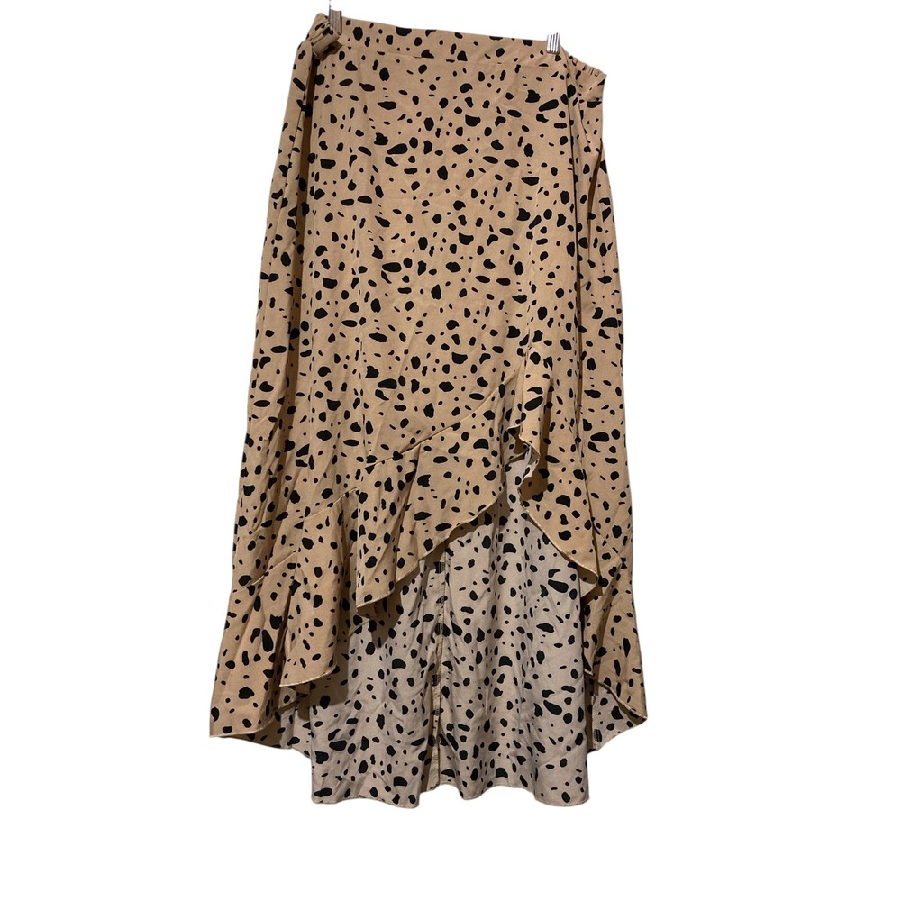 Shein Curve Dalmatian Print High Low Ruffle Maxi Skirt Tan Black 2XL